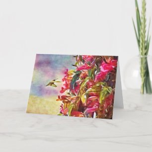 Cartão de Nota de Hummingbird e Flores