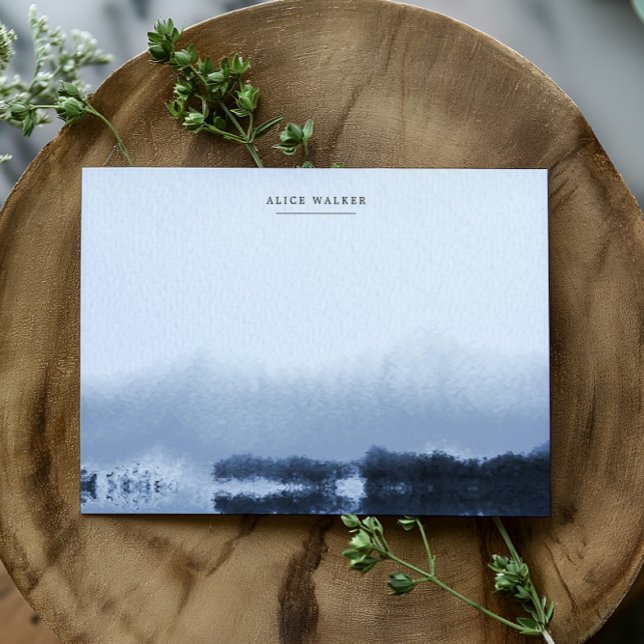 Cartão de Nota de Monograma Azul Paisagem Azul (Criador carregado)