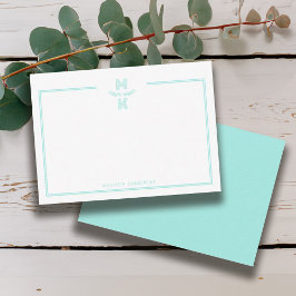 Cartão de Nota de Monograma de Duas Bordas Teal Mi
