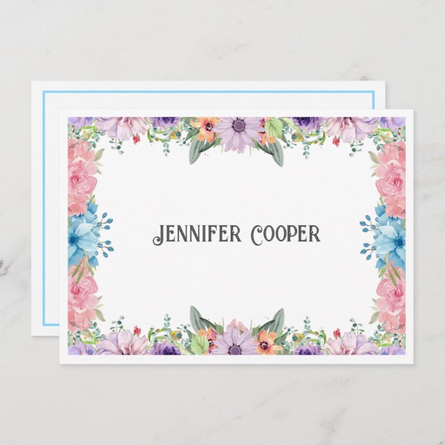 Cartão de Nota de Nome Personalizado de Borda Flor (Frente/Verso)