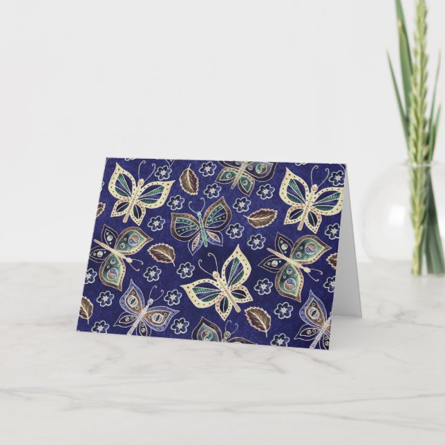 Cartão de Nota de Padrão de Borboleta Azul Whimsic (Frente)