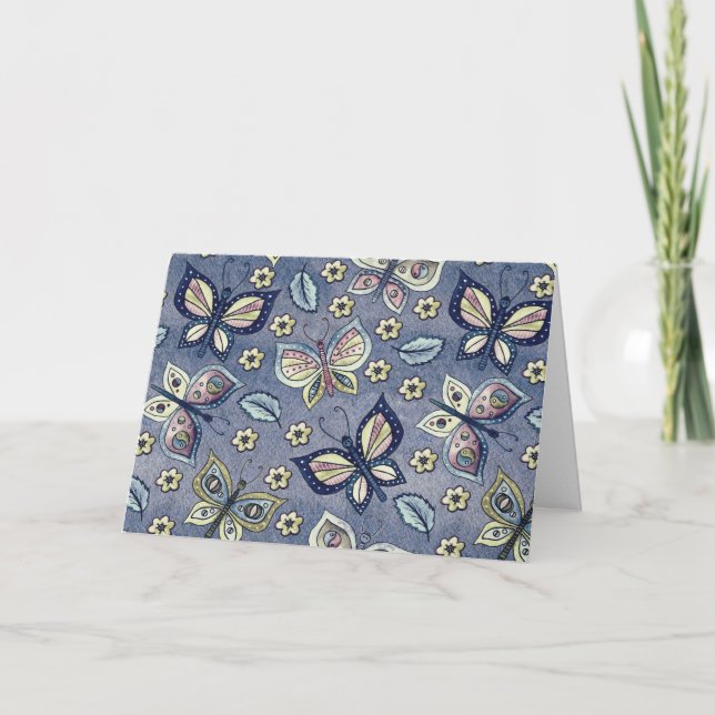 Cartão de Nota de Padrão de Borboleta Azul Whimsic (Frente)