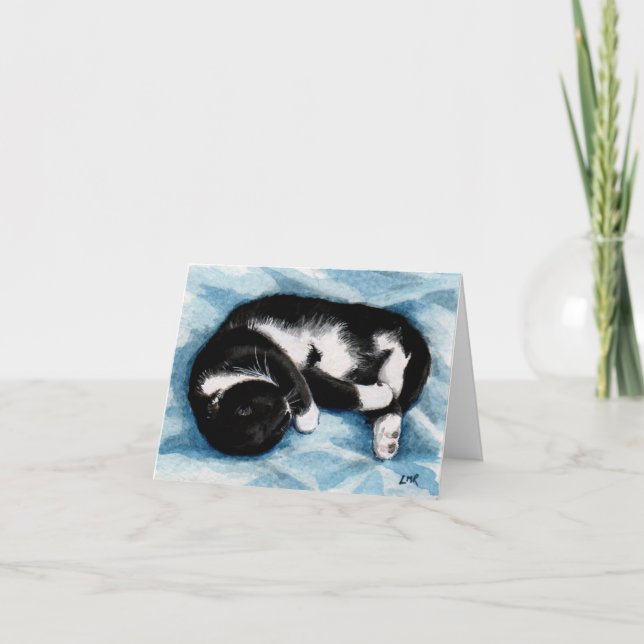 Cartão de Nota de Pintura de Gato Tuxedo com Sono (Frente)