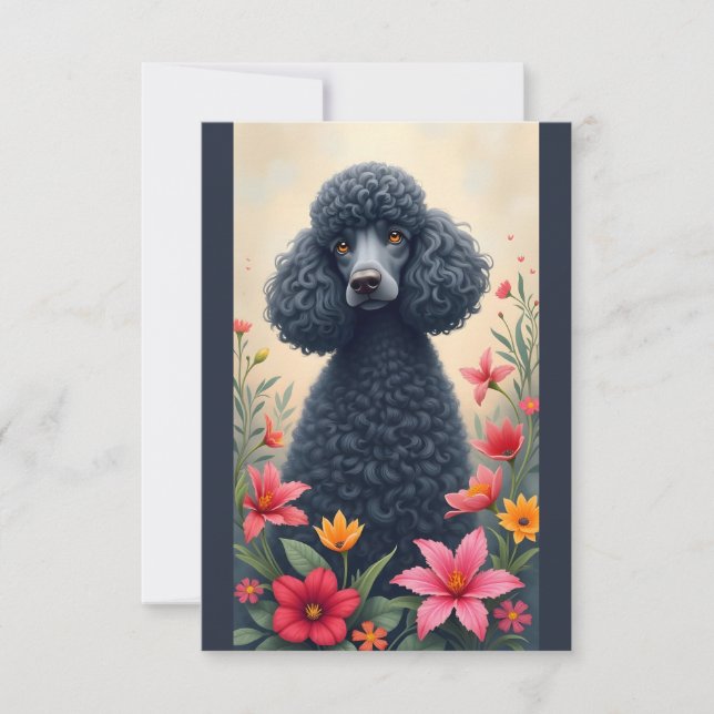 Cartão de Nota de Poodle e Flores Pretos (Frente)