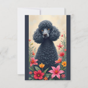 Cartão de Nota de Poodle e Flores Pretos