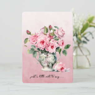 Cartão de Nota de Vaso de Rosas Cor-de-Rosa