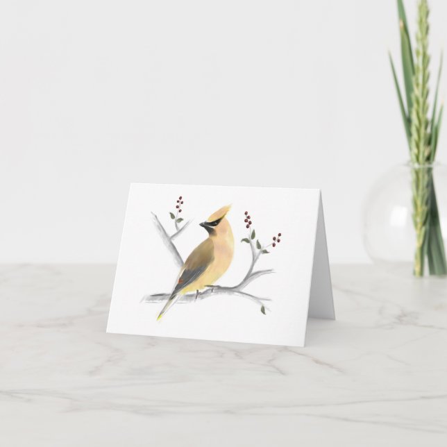 Cartão de Nota de Waxwing Cedar Watercolor (Frente)