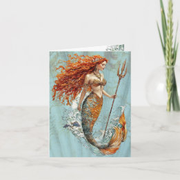 Cartão de Nota Dobrada Sereia Vintage Azul Oceano