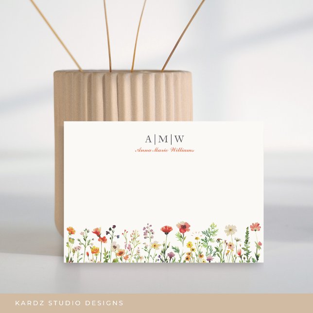 Cartão de Nota Elegante Boho Chic Monogramado (Card shown in 3.5 x 5 in. Choose size corner, style before check out. Card comes with off-white back)