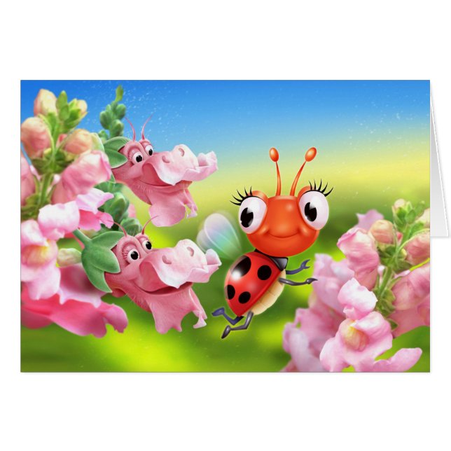 Cartão de nota Ladybug e flores amigáveis (Frente horizontal)