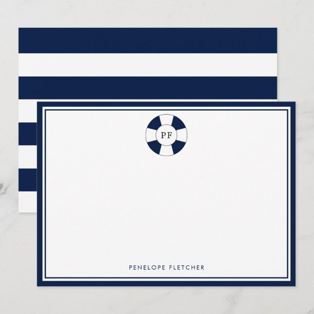 Cartão de Nota para Monograma com Marinho Náutico  (Frente/Verso)