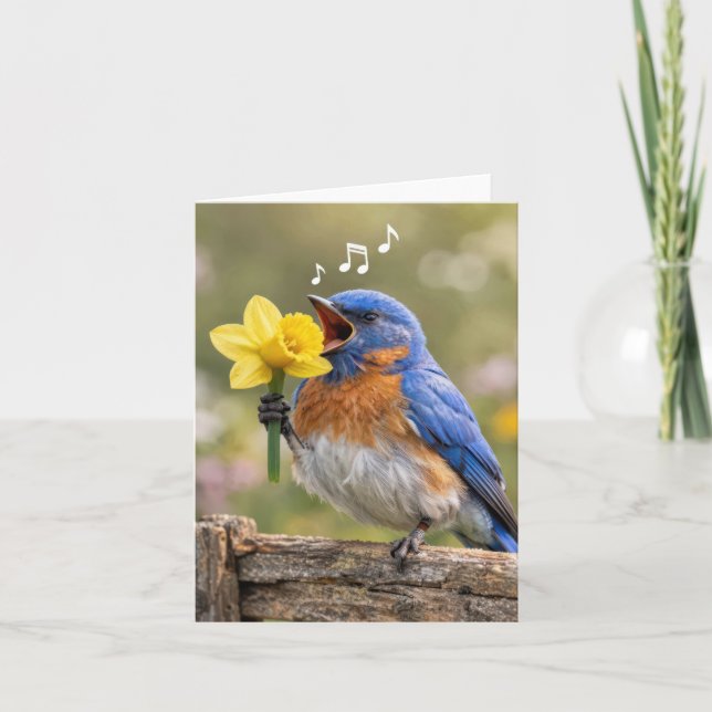 Cartão de Nota Pássaro Azul Cantando com um Narcis (Frente)