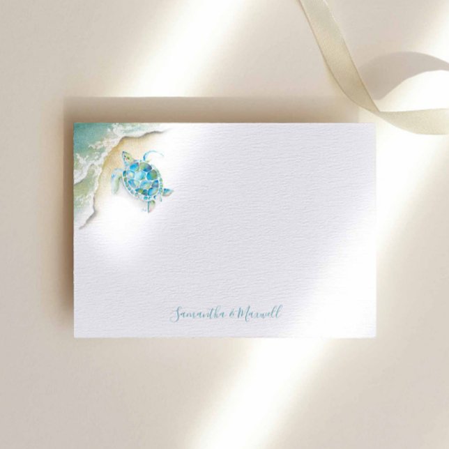 Cartão de Nota Personalizado Oceânico de Tartaruga (Beach stationery note card watercolor sea turtle art by Victoria Grigaliunas of Do Tell A Belle)