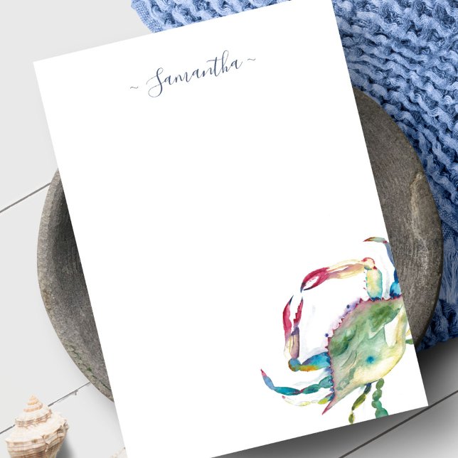 Cartão de Nota Pessoal do Watercolor Beach Crab (Personalized notecard beach watercolor blue crab)