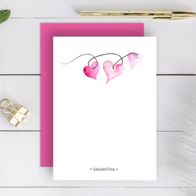 Cartão de Nota Rosa Personalizado de Amor e Coraçã (Personalized valentines stationery watercolor hearts by Victoria Grigaliunas of Do Tell A Belle)