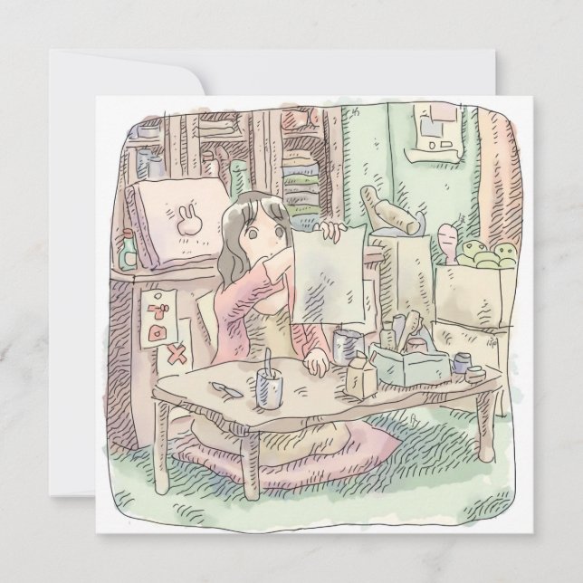 CARTÃO DE NOTAS さなししじ  部屋で茶色い机の前に座って書き上げた紙を持っている女性のイラスト (Frente)