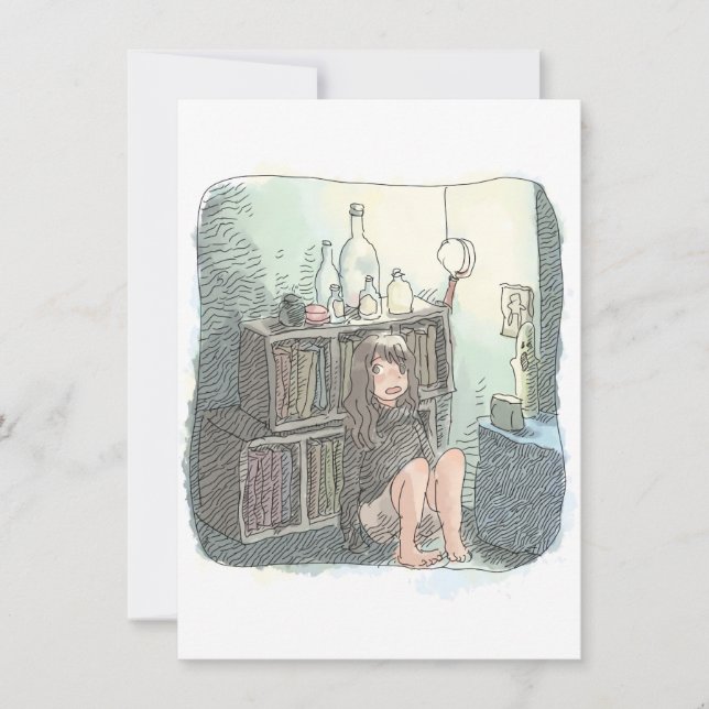 CARTÃO DE NOTAS さなやにじ  　薄明るい水色のお部屋の本棚のそばで座る素足の女性のイラスト (Frente)