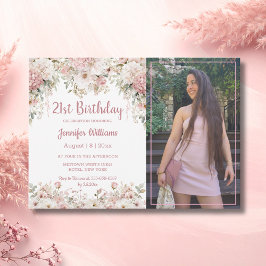 Cartão De Notas  21st birthday pink floral photo budget invitation