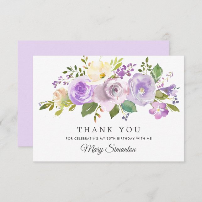 Cartão De Notas 35th Birthday Purple Rose Floral Flat Thank You (Frente/Verso)