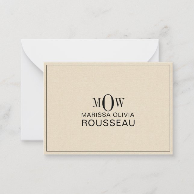 Cartão De Notas 3 letras Monogramas Nome Faux Bisque Linen (Frente)