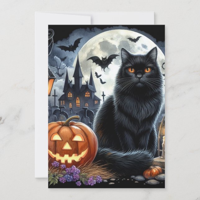 Cartão De Notas Abóbora de Halloween Gato Preto Jack O Lantern (Frente)
