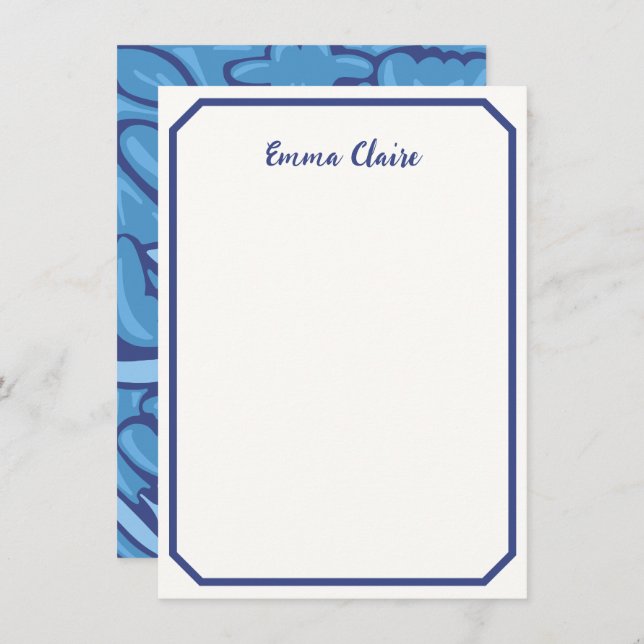 Cartão De Notas Abstract Blue Floral Patterned Note Card (Frente/Verso)