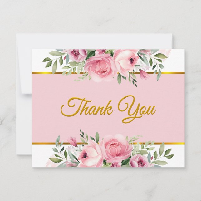 Cartão De Notas Agradecimento em Script com Aquarela Rosa e Folha  (Frente)