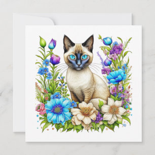 Cartão De Notas Ai Watercolor Gato Siamês em Flores