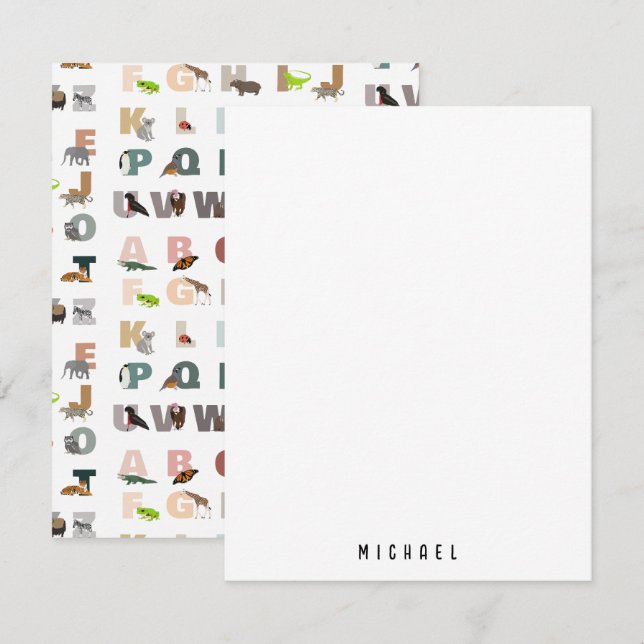 Cartão De Notas Alfabeto Bonito ABC Animais Nome Personalizado Esc (Frente/Verso)