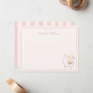 Cartão De Notas Alpaca Feminina em Aquarela com Balão Rosa Bege