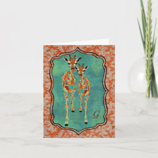 Cartão De Notas Amber & Azure Giraffes Damask Monogram Notecard