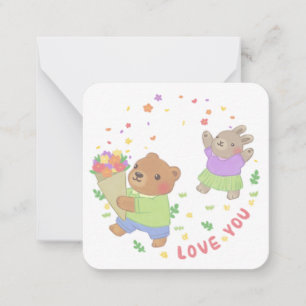 Cartão De Notas Amo Você: Urso de Pelúcia e Coelho com Flores