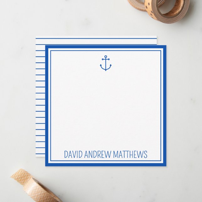 Cartão De Notas Âncora Personalizada Azul Naval e Branco (Frente/Verso In Situ)