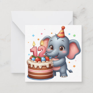 Cartão De Notas Aniversário de 12 anos de Elefante Fofo