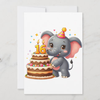 Cartão De Notas Aniversário de 16 anos de Elefante Fofo