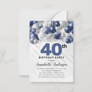 Cartão De Notas Aniversário de 40 anos do Balão de Silver Azul de