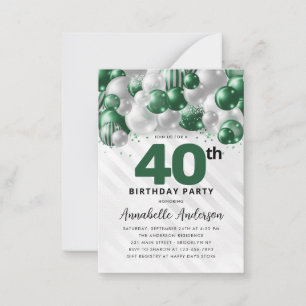 Cartão De Notas Aniversário de 40 anos do Balão de Silver Verde de