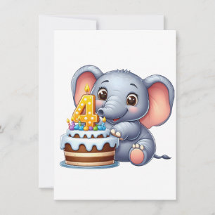 Cartão De Notas Aniversário de 4 anos do Elefante Fofo