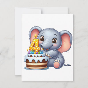 Cartão De Notas Aniversário de 4 anos do Elefante Fofo