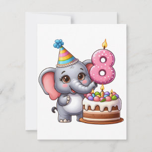 Cartão De Notas Aniversário de 8 anos do Elefante Fofo