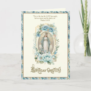 Cartão De Notas Aniversário Religioso Azul Floral Virgem Maria