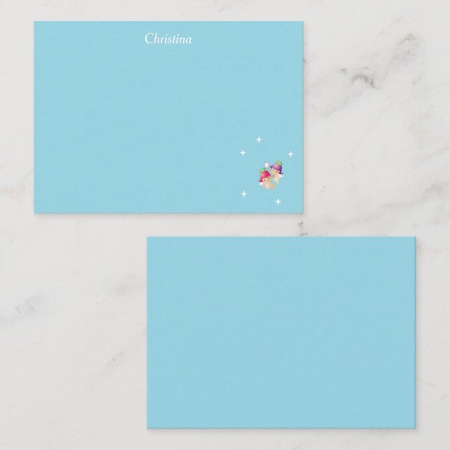 Cartão De Notas Anjos fofos com nome personalizado em azul (Frente/Verso)