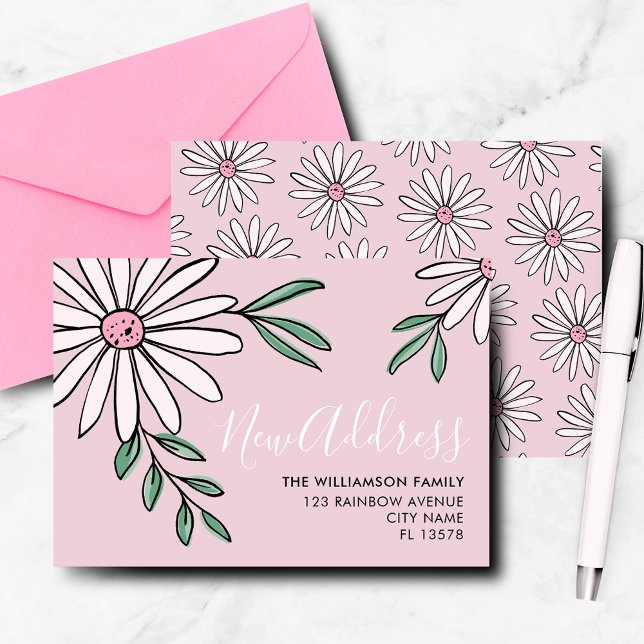 Cartão De Notas Anunciamento Movendo Moderno Daisy Floral (Modern botanical. floral daisy leaf, pink new address, moving announcement notecard. )