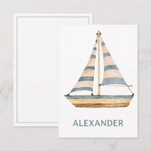 Cartão De Notas Aquarela Barco à Vela Faixa Azul