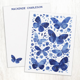 Cartão De Notas Aquarela de Borboleta Azul Personalizada