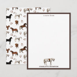 Cartão De Notas Aquarela de Cavalos Ferradura Selas de Cavalo Cria