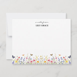 Cartão De Notas Aquarela Flor Silvestre e Borboleta
