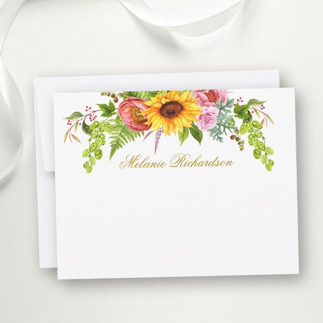 Cartão De Notas Aquarela Floral de Girassol Dourado Personalizado (Customize to change text size, color, style or to add more text to front or back of card.)