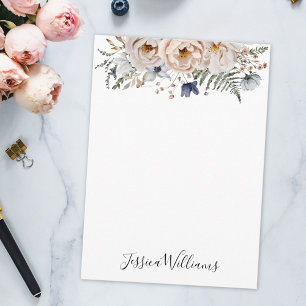 Cartão De Notas Aquarela Floral Personalizada Bege Azul Bonito