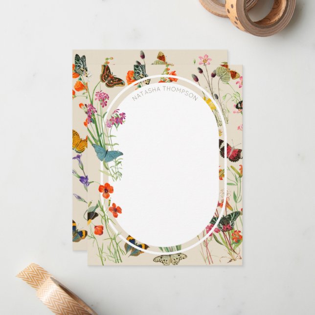 Cartão De Notas Aquarela Flores e Borboletas Jardim Floral (Frente/Verso In Situ)